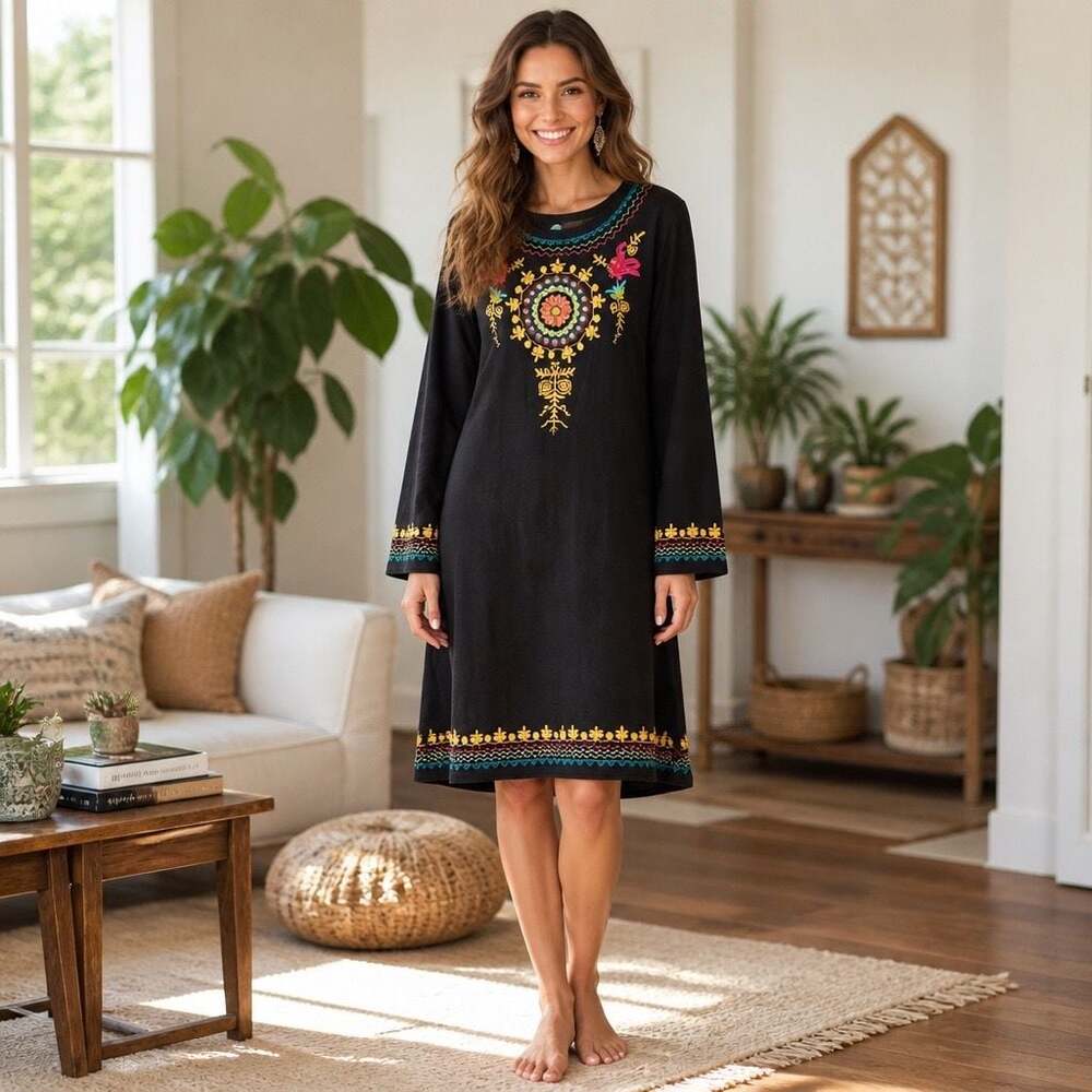Double D Ranch Black Long Sleeve Embroidered Boho Dress XL